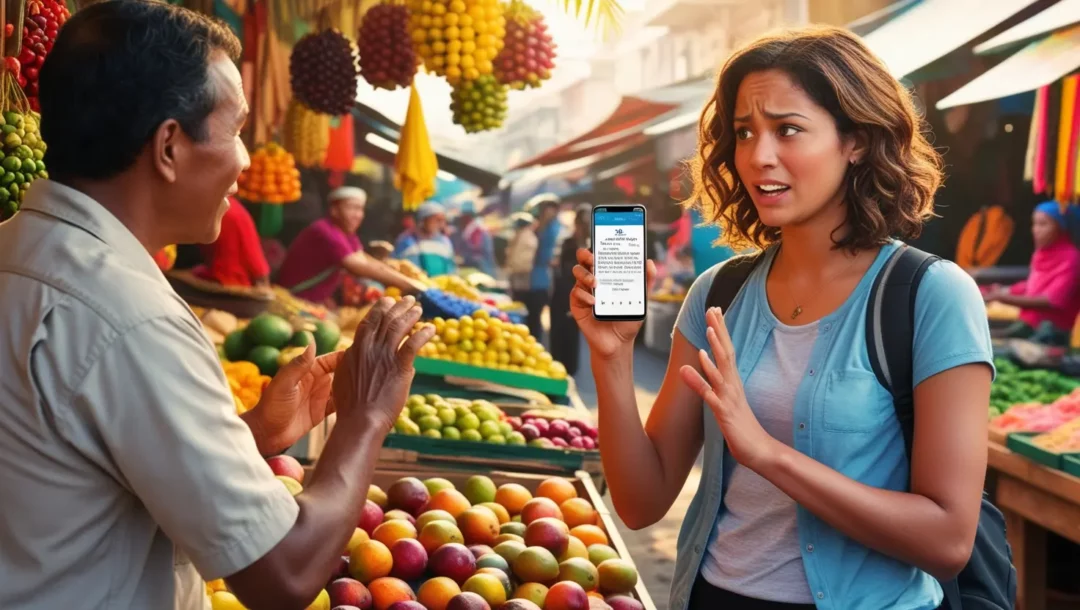 une femme dans un pays étranger qui utilise une application de traduction