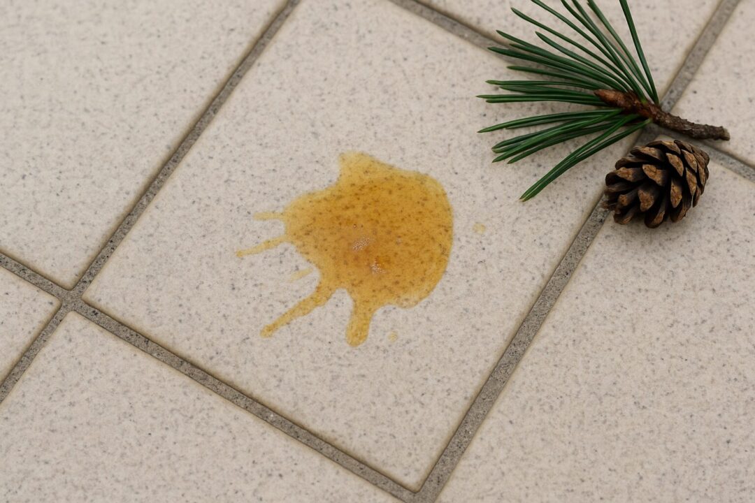 une tache de résine de pin sur un carrelage d’extérieur